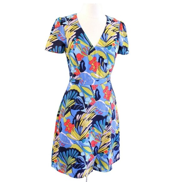 J Crew Mercantile A Line Faux Wrap Dress Blue 8 Colorful Floral Print Tropical - Picture 1 of 14